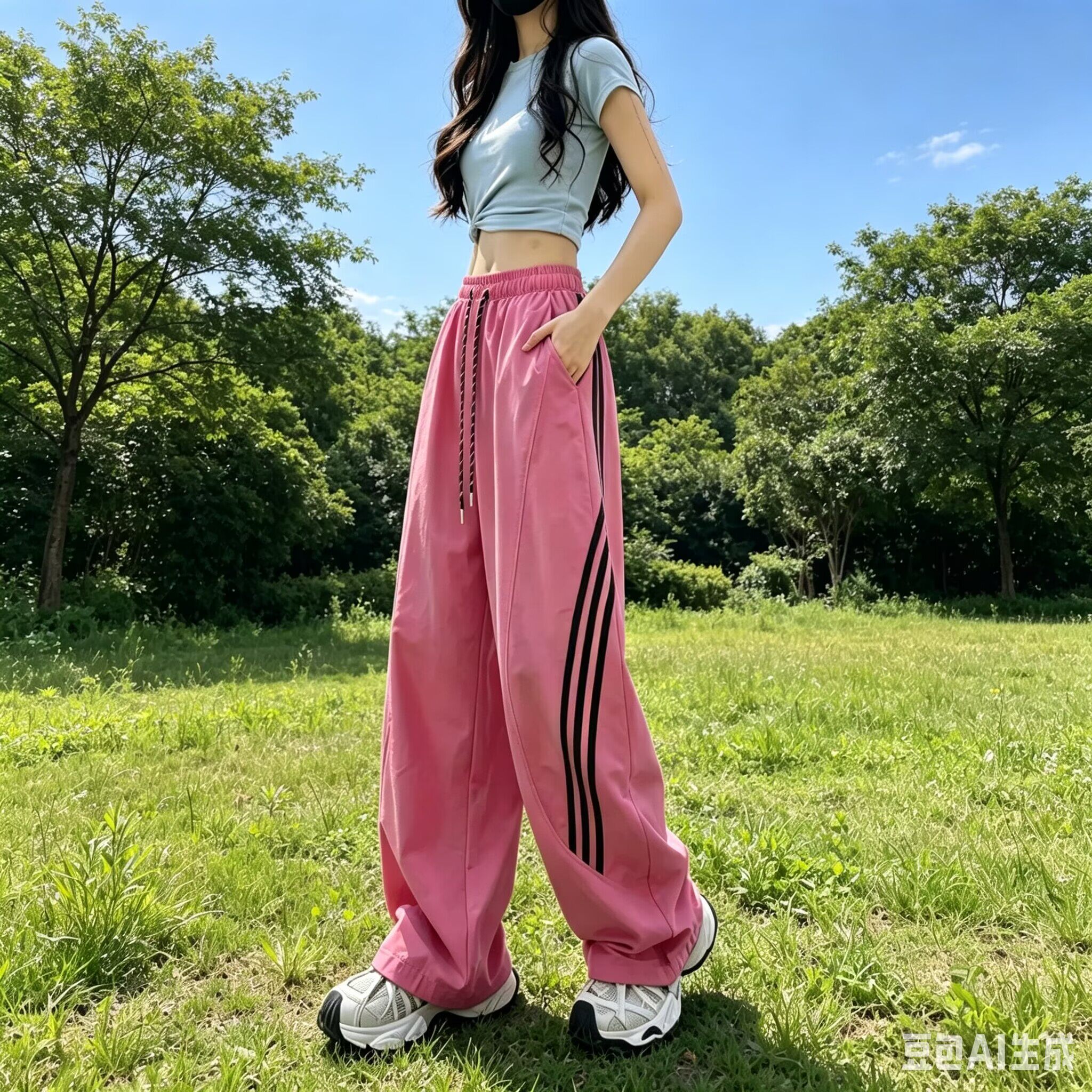 跳舞团队速干冰丝阔腿裤女2026年夏季新款宽松休闲弯刀工装运动裤