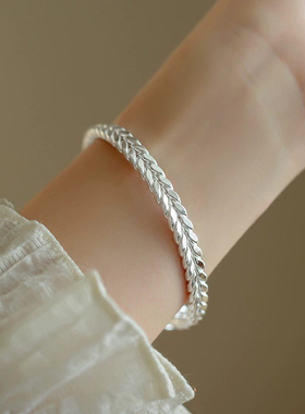 足银9999麦穗穗平安银手镯女款实心光面大麦银镯子小众设计送女友