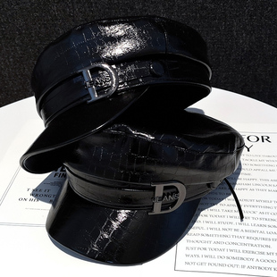 黑色皮帽女贝雷帽鸭舌帽小众潮牌韩版 画家八角帽鳄鱼纹平顶帽帽子