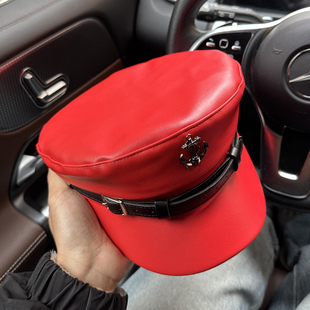 贝雷八角帽女2025新款 英伦鸭舌超好看帽子PU皮质红色平顶帽 秋冬季