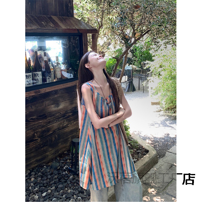 夏季中长款无袖衬衫女款复古日系撞色条纹背心女夏季设计感上气质