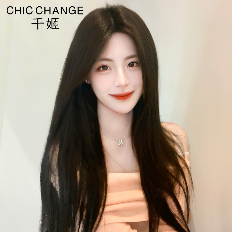 千姬假发真发全真人发丝自然无痕蕾丝中分八字刘海女全头套黑长直