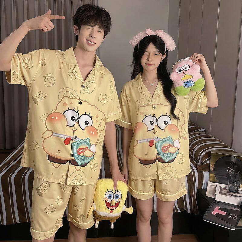 春夏季新款海绵宝宝情侣睡衣女卡通可爱男士开衫可外穿家居服套装