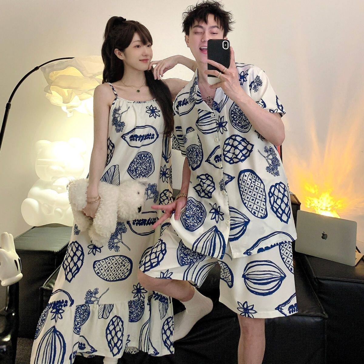 2026新款带胸垫吊带睡裙情侣睡衣女夏季冰丝绸短袖男款家居服套装