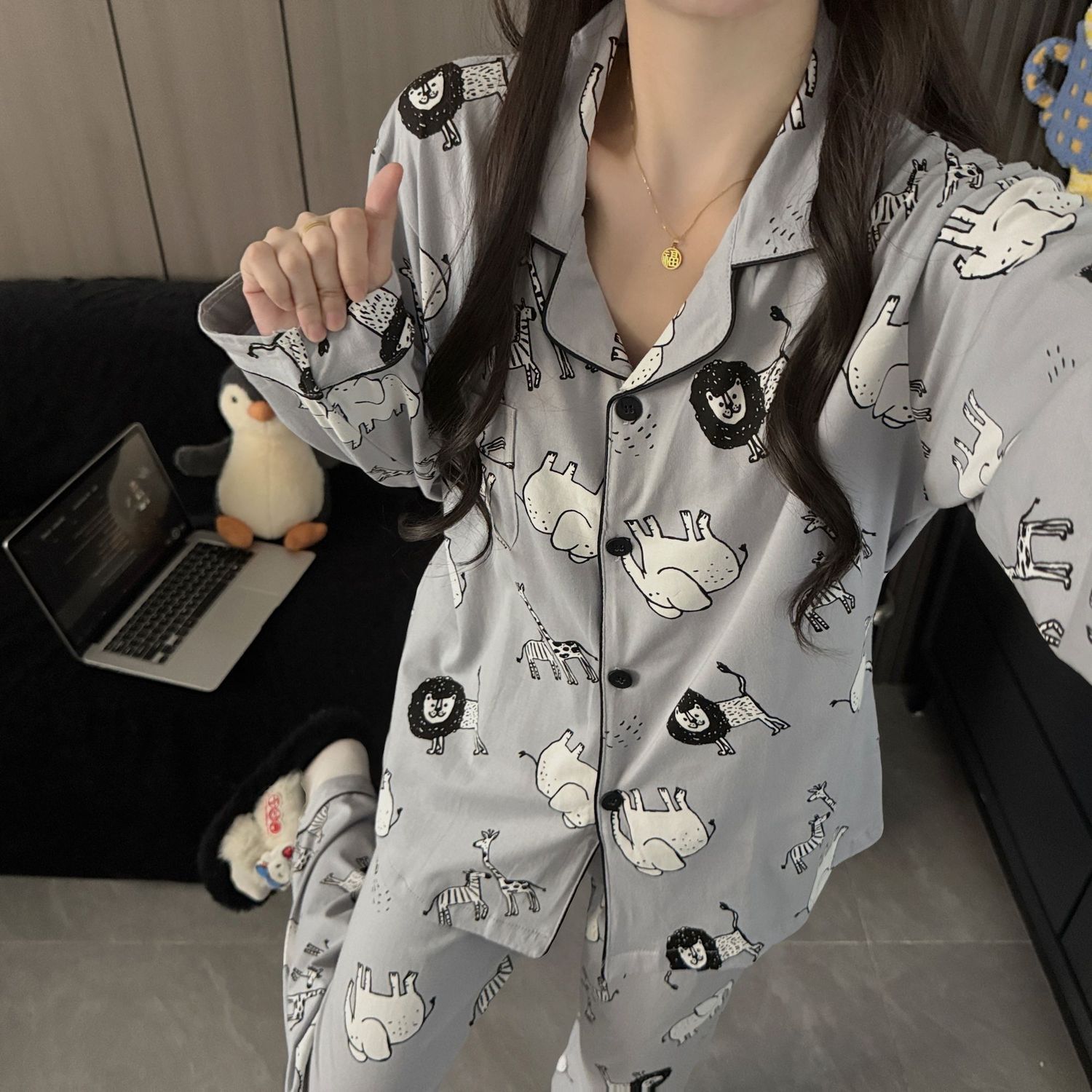 睡衣春秋季纯棉女长袖长裤卡通情侣款纯棉家居服男可外穿学生套装
