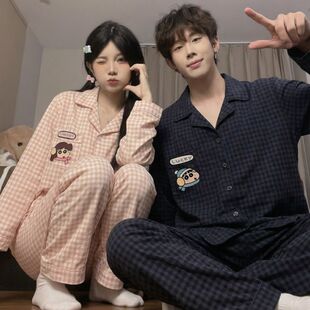2026春夏新款情侣睡衣女卡通蜡笔小新男士格子开衫家居服套装ins