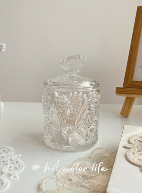 ins蝴蝶小花玻璃糖缸美容院民宿咖啡厅商用梳妆台房间装饰收纳罐