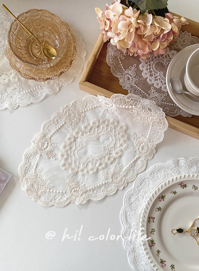 欧式ins风玲珑暗香蕾丝托盘垫圆形镂空花边摆拍首饰盖布中古餐垫