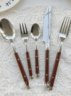 喝彩生活 永恒枫丹不锈钢刀叉勺ins仿木纹树脂手柄牛排刀甜品勺叉