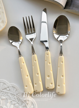 喝彩生活 奶酪柄304不锈钢刀叉勺简餐咖啡店商用意面甜品餐具套装