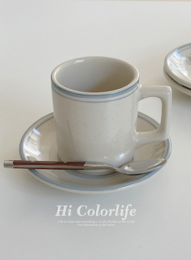 月白蓝描边咖啡杯碟精致简约手绘复古釉下彩高温陶瓷咖啡杯碟套装