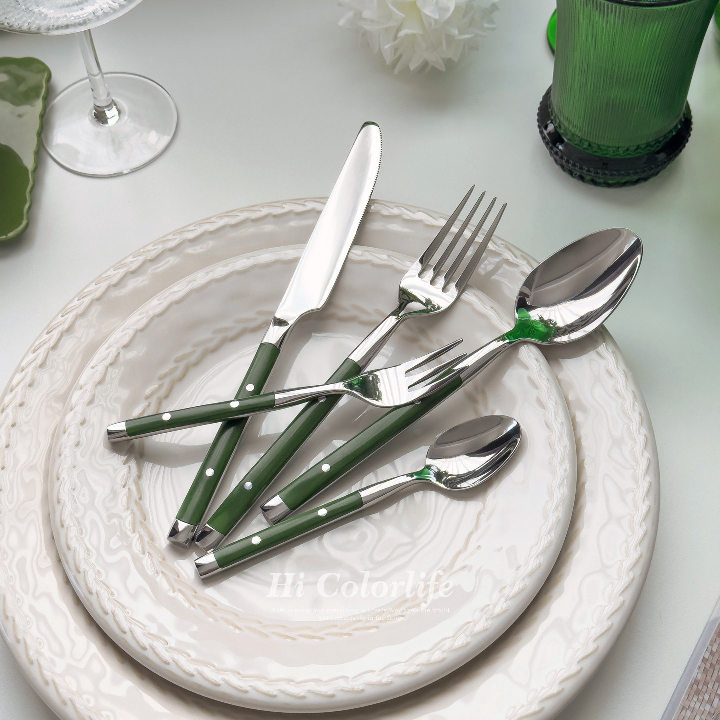 Hi森林绿Verde高颜值两颗钉430不锈钢刀叉勺西餐餐具套装绿色手柄