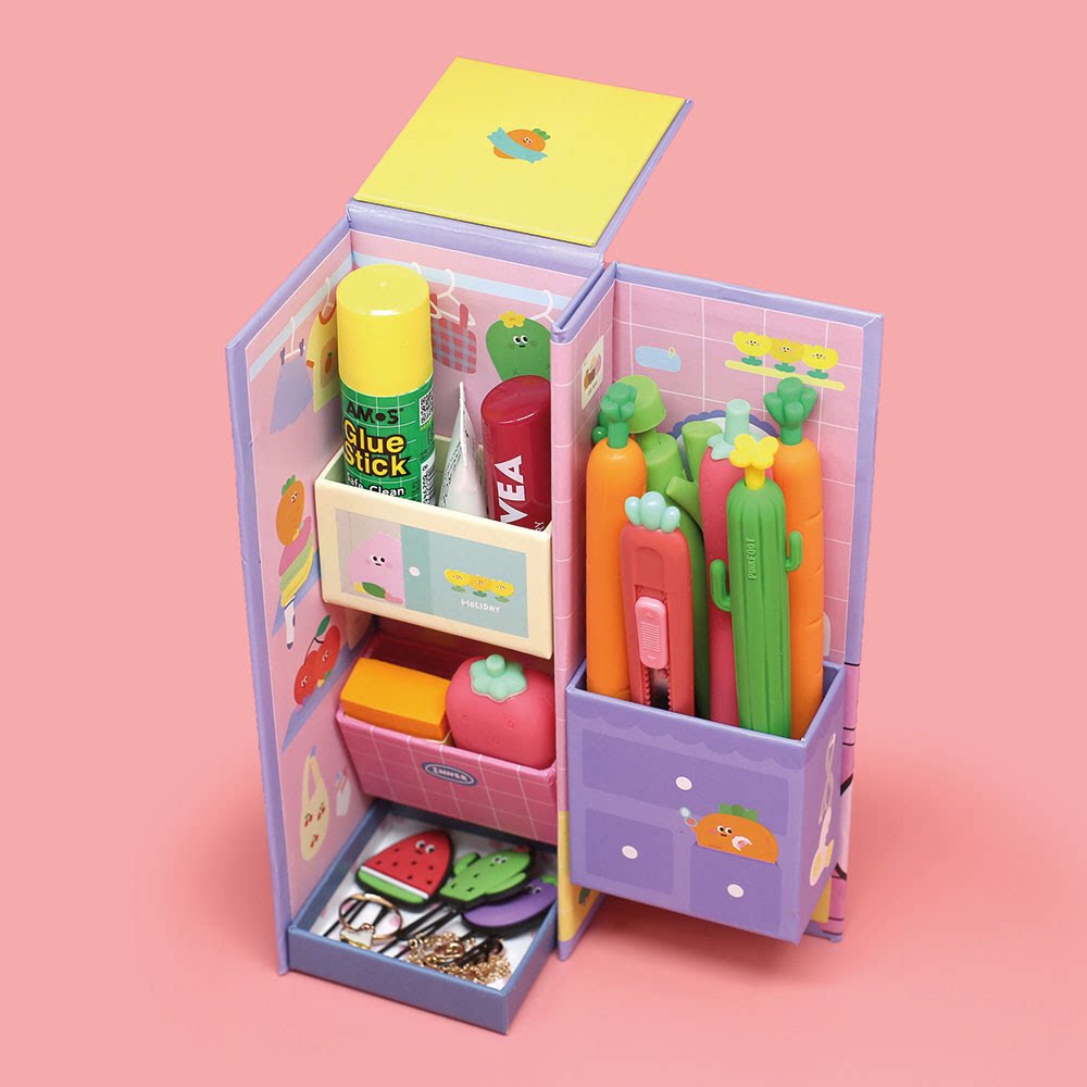 韩国pinkfoot 桌面ins可爱卡通立体纸质文具盒 女孩多层收纳笔盒