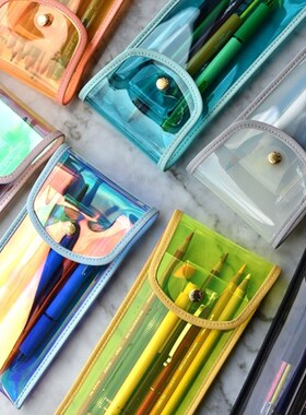 韩国plepic镭射透明包边PVC学生笔袋 便携防水搭扣文具收纳包笔包