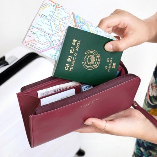 韩国iconic 简约皮革旅行机票证件护照包长款钱包手包手拿包