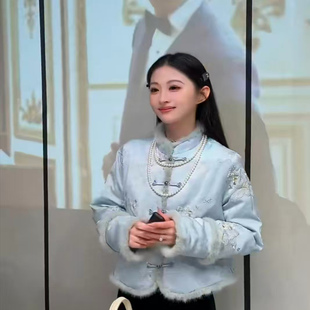 新款 胖mm毛毛边盘扣棉服2025冬季 显瘦洋气保暖外套上衣 大码 新中式