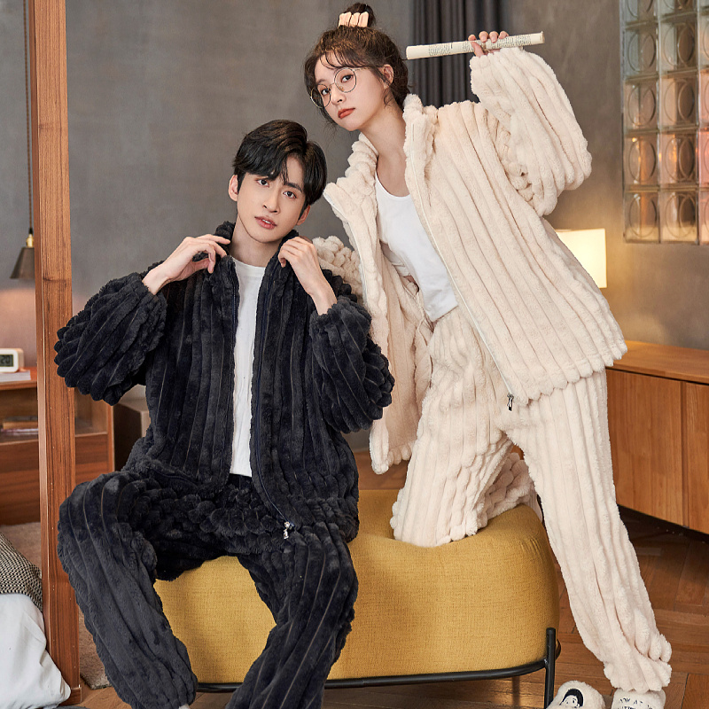 珊瑚绒情侣睡衣秋冬季拉链加厚保暖男士家居服女套装法兰绒可外穿