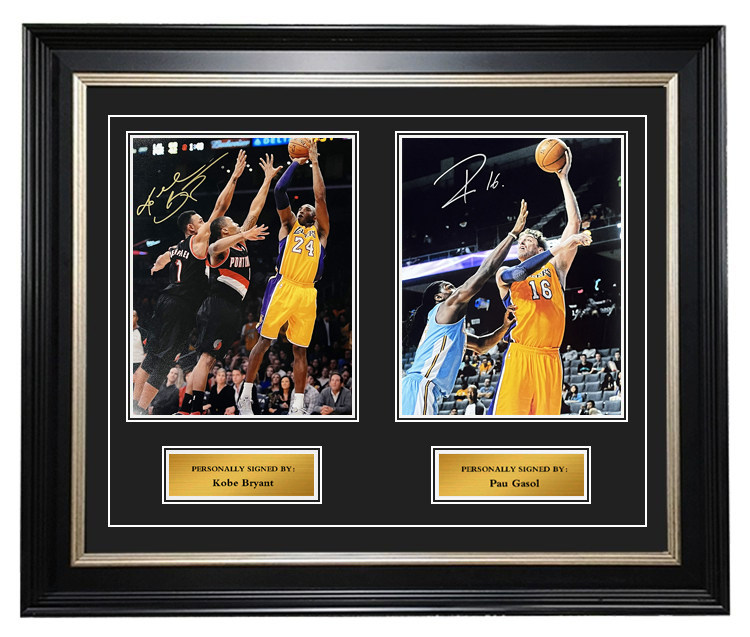洛杉矶湖人队 科比 加索尔亲笔签名照片 双人组合裱框 带证书