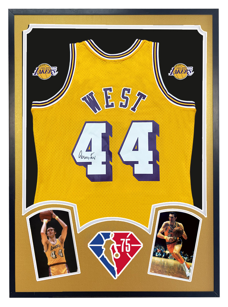 logo man杰里韦斯特亲笔签名球衣 湖人44号 75大球星 带证书 裱框