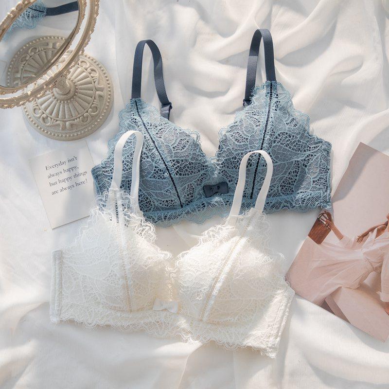 内衣女无钢圈聚拢纯欲薄款无痕显胸小调整型少女蕾丝文胸罩一套装