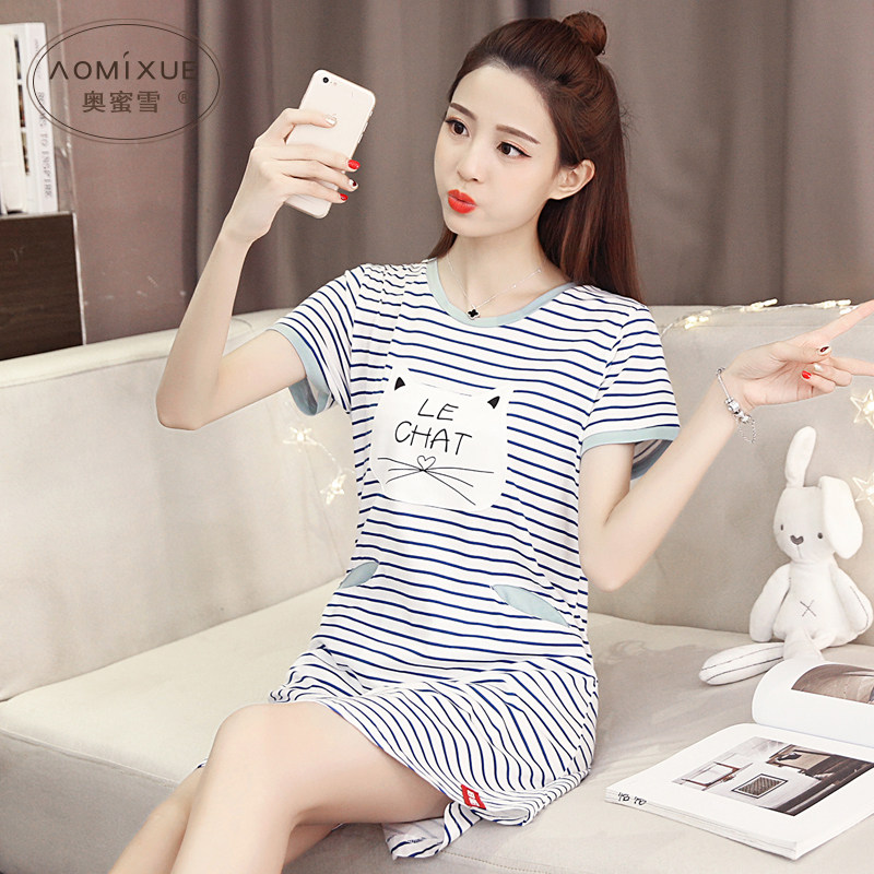 夏季条纹睡裙女纯棉可爱薄款短袖睡衣女士夏天少女宽松全棉家居服