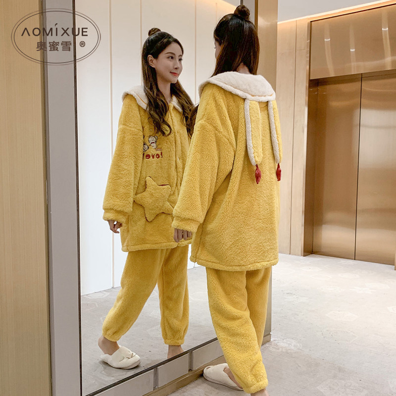卡通睡衣女冬季珊瑚绒可爱学生开衫套装法兰绒秋冬加绒加厚家居服