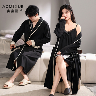 睡袍情侣睡衣春秋季纯棉男女士长袖简约两件套长款简约全棉家居服