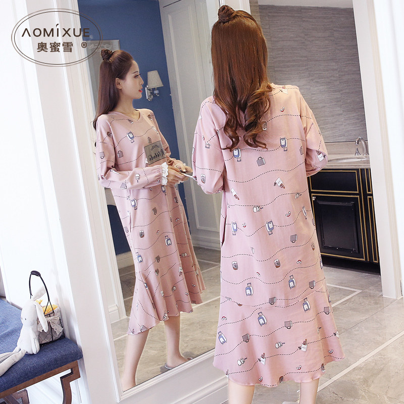 韩版睡裙女士春秋纯棉新款可爱少女中长款睡裙女宽松秋季家居服