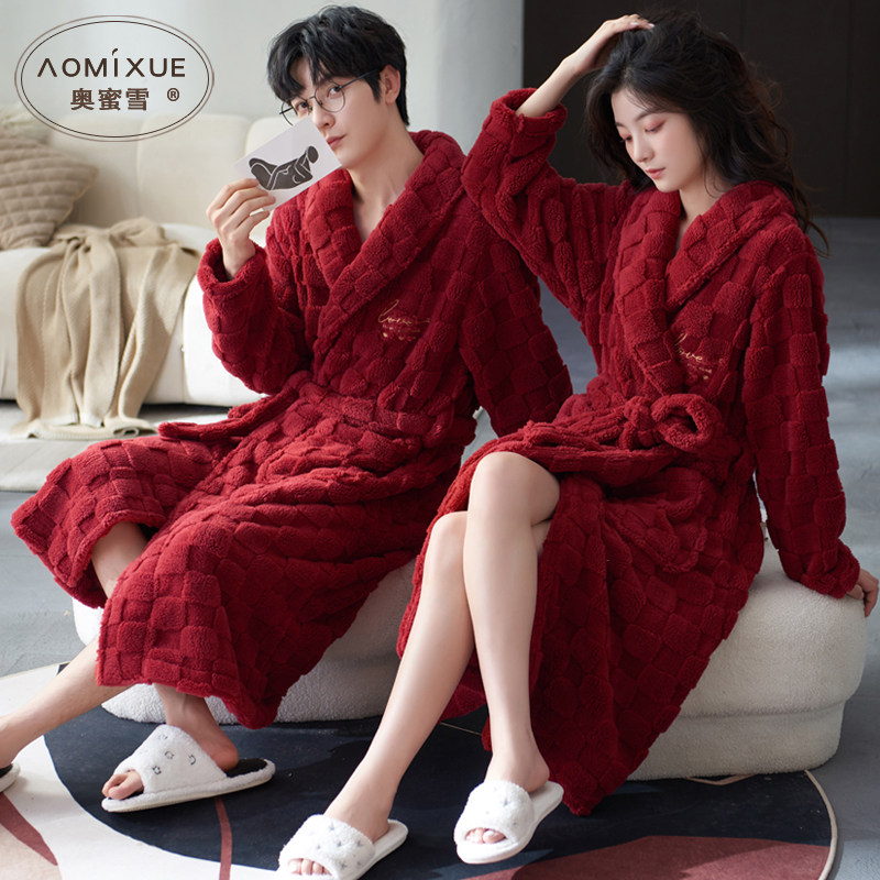 情侣睡衣女秋冬季保暖加厚珊瑚绒睡袍红色结婚喜庆男士冬款家居服