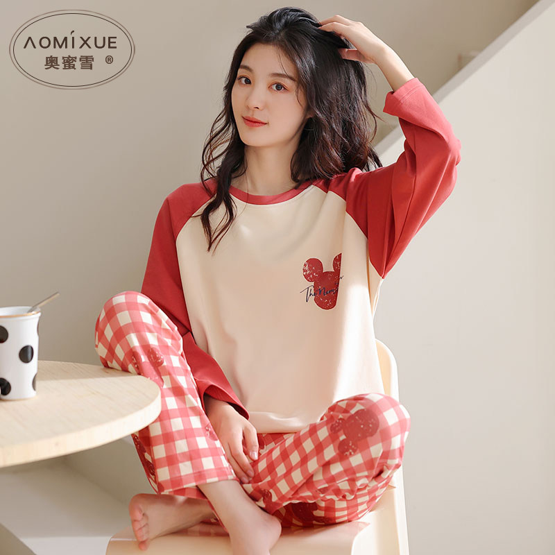 春秋纯棉睡衣女款加厚简约甜美休闲学生长袖圆领可外穿家居服套装