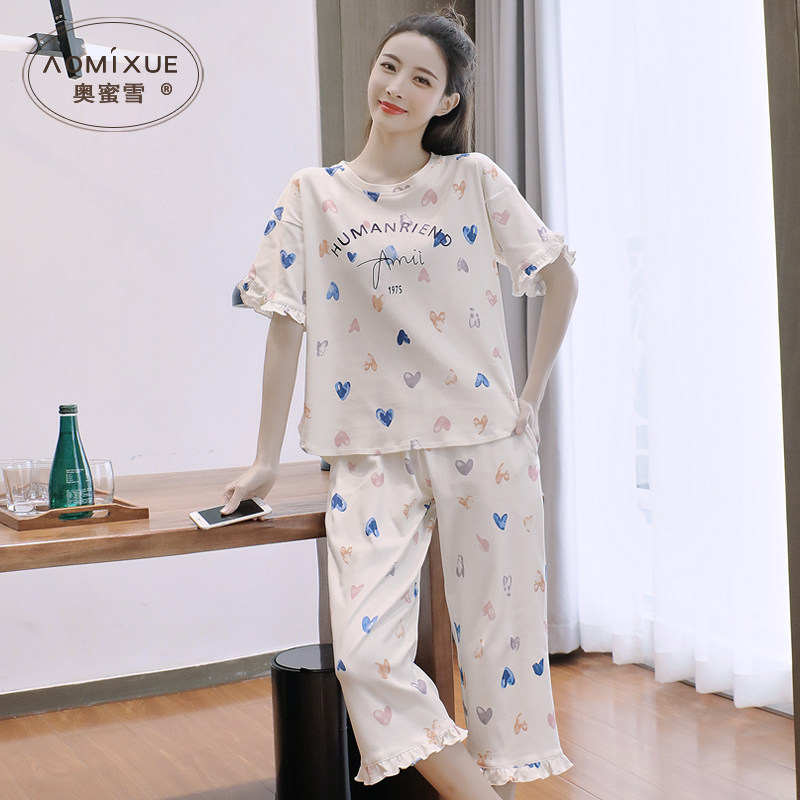 短袖睡衣女d士夏季纯棉休闲卡通可爱七分裤套装宽松薄款全棉家居,女士内衣/男士内衣/家居服,睡衣/家居服套装,淘宝优惠券,粉丝福利购,淘宝优惠卷