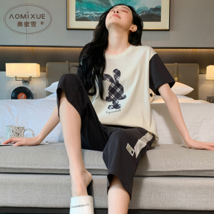 睡衣女夏天纯棉薄款可爱卡通短袖七分裤家居服套头2023年新款套装