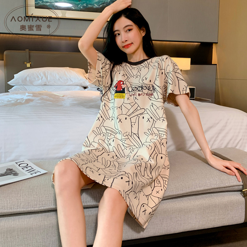 睡衣女款夏季纯棉可爱薄款睡裙女休闲圆领2023年新款家居服可外穿