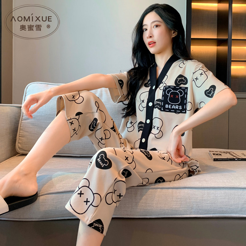 睡衣女款夏季纯棉短袖2024年新款七分裤套装开衫薄款高级感家居服