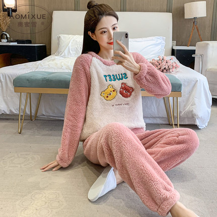 秋冬季珊瑚绒睡衣女圆领加绒加厚法兰绒卡通可爱少女家居服冬套装
