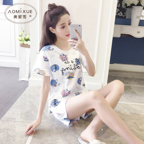 纯棉睡衣女夏时尚短袖全棉套装