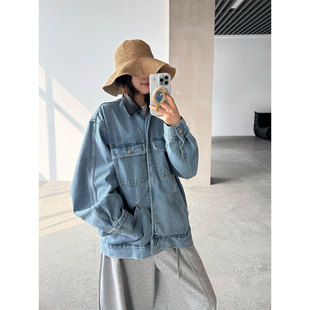 春季上新蓝色自留皮领bf风翻领工装服美式复古水洗牛仔外套女上衣