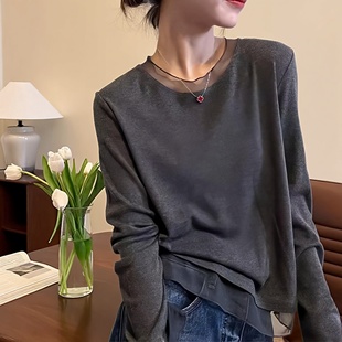 假两件拼接网纱长袖T恤女2025秋季新款女装宽松遮肉百搭打底小衫