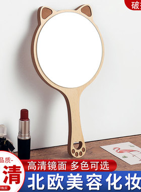 美容院专用化妆镜女手柄高清纹绣牙科手持手拿便携随身木制小镜子