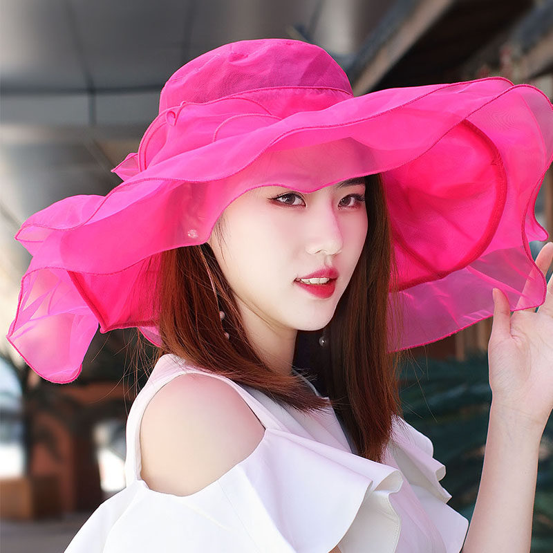 帽子女韩版双层荷叶边大沿欧根纱遮阳帽时尚防晒沙滩帽百搭太阳帽