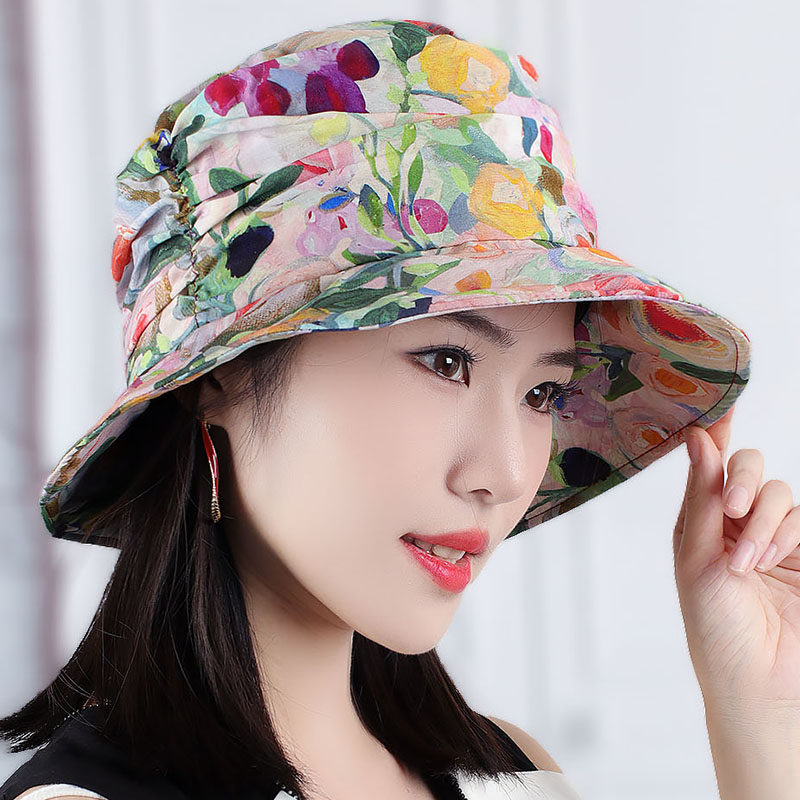 帽子女夏天韩版百搭碎花盆帽女凉帽纱帽折叠直边遮阳帽太阳帽布帽