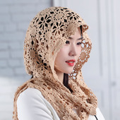 秋冬新款 镂空花朵针织披肩百搭围巾韩版 三角巾网眼线织围巾帽围脖