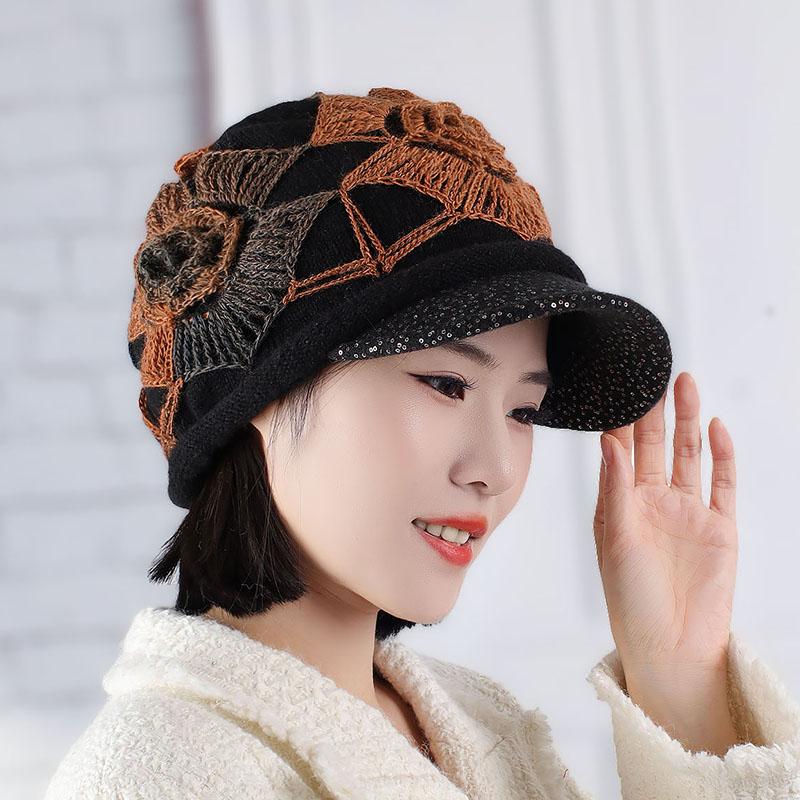 加绒保暖帽针织帽拼色手工编织