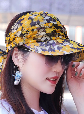 春秋夏季女式雪纺印花空顶帽防晒帽子遮阳棒球帽休闲扎马尾鸭舌帽