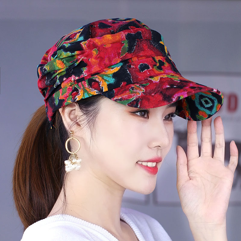 时尚印花春秋季布帽女士民族风扎马尾平顶帽鸭舌帽中老年妈妈帽子