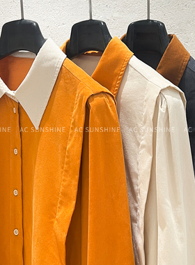 SUNSHINE 早春新品纯棉舒适直角肩复古灯芯绒拼色衬衫女上衣