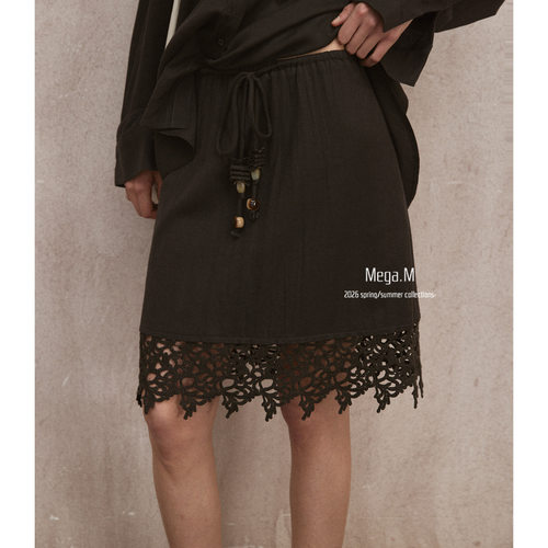 MEGA春季新款拼接高腰A字短裙