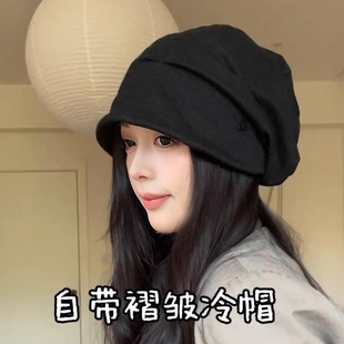 自带褶皱堆堆帽女秋冬2025新款冷帽显脸小保暖帽子慵懒风针织毛线
