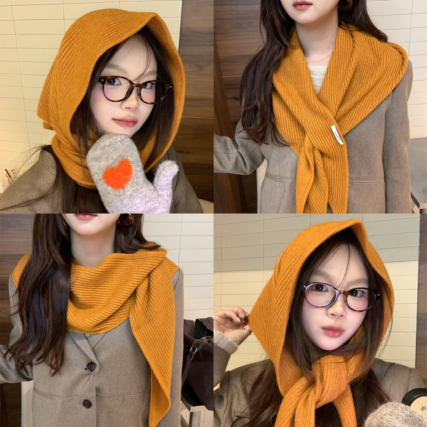 春秋薄款纯色交叉针织三角巾披肩外搭女韩版文艺橘黄百搭护颈围巾
