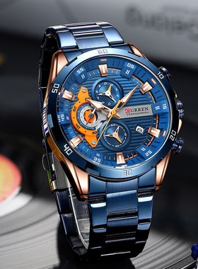 CURREN卡瑞恩男学生潮流时尚钢带多功能夜光秒表计时石英手表8402